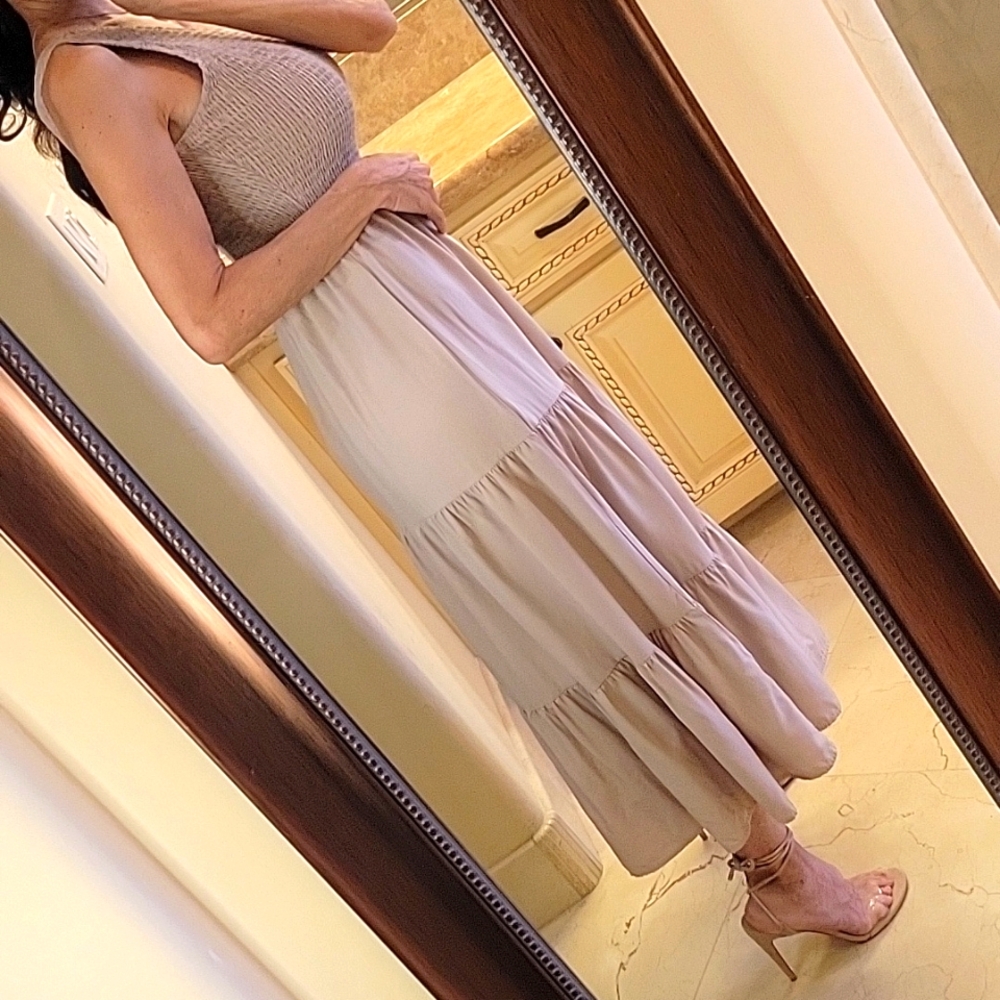 BTFBM Taupe One-shoulder Ruched Top & Flowy Tiered Bottom Summer Dress, S - Picture 9 of 14